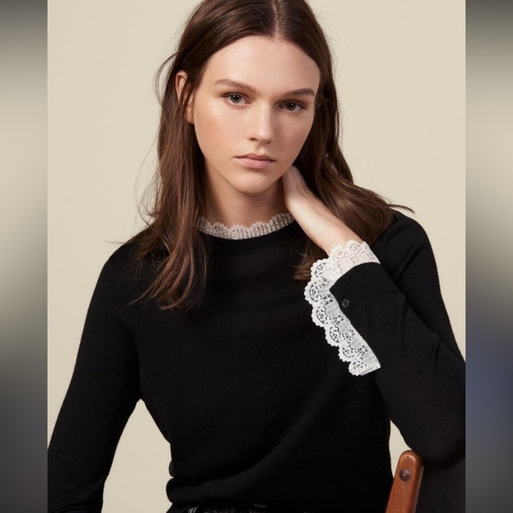 Sandro Paris French wool lace trim sweater black 37372 - Picture 1 of 12